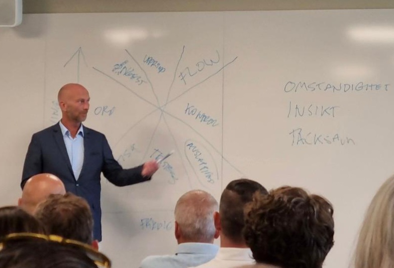 Mathias Ringblom ritar flow-modellen på whiteboard under en Flow-presentation hos Tingstad